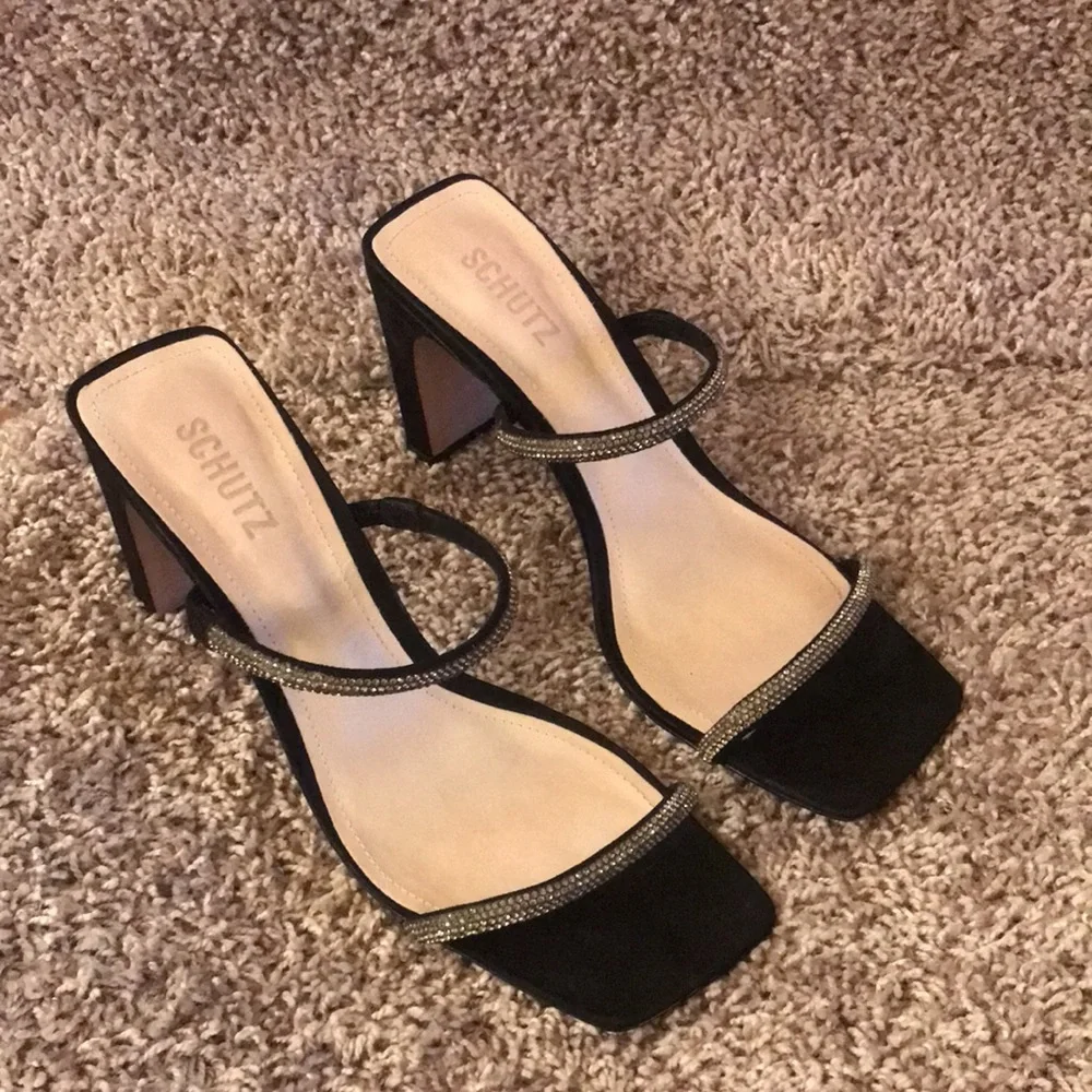 Schutz Salwa Black Suede Rhinestone Strap Sandals size 10.5